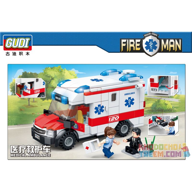 GUDI 9220 non  XE CỨU THƯƠNG bộ đồ chơi xếp lắp ráp ghép mô hình City FIREMAN MEDICAL AMBULANCE Thành Phố 200 khối