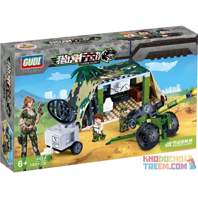 GUDI 8032 non  TRẬN ĐỊA PHÁO bộ đồ chơi xếp lắp ráp ghép mô hình Tiger Hunt TIGER HUNT FIELD ARTILLERY POSITIONS Chiến Dịch Săn Cọp 185 khối