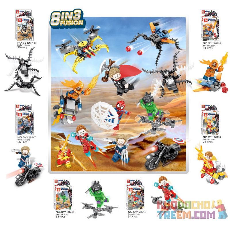 SHENG YUAN SY SY1287 1287 non Lego MINIFIGURES 8 MÔ HÌNH THOR SPIDERMAN ? NGƯỜI SẮT HULK ĐỘI TRƯỞNG MỸ VENOM bộ đồ chơi xếp lắp ráp ghép mô hình Marvel Super Heroes HEROES ASSEMBLE Siêu Anh Hùng Marvel 242 khối