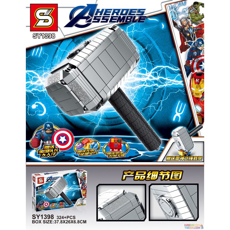 SHENG YUAN SY SY1398 1398 non Lego BÚA CỦA THOR bộ đồ chơi xếp lắp ráp ghép mô hình Marvel Super Heroes HEROES ASSEMBLE Siêu Anh Hùng Marvel 324 khối