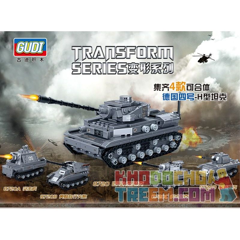 GUDI 8720 non  TỔ HỢP 4 XE TĂNG IV-H CỦA ĐỨC TRONG THẾ CHIẾN II HỔ TẤN CÔNG PHÁO TỰ HÀNH WASP TIGER PANTHER bộ đồ chơi xếp lắp ráp ghép mô hình Transformers Robot Đại Chiến Người Máy Biến Hình 836 khối