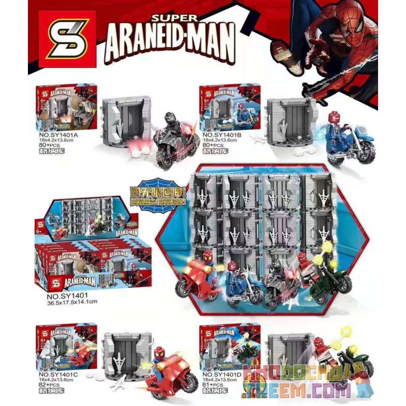 SHENG YUAN SY SY1401 1401 non Lego SPIDERMAN MINIFIGURE MÔ TÔ 4 KIỂU bộ đồ chơi xếp lắp ráp ghép mô hình Super Heroes SUPER ARANEID-MAN Siêu Nhân Anh Hùng 323 khối