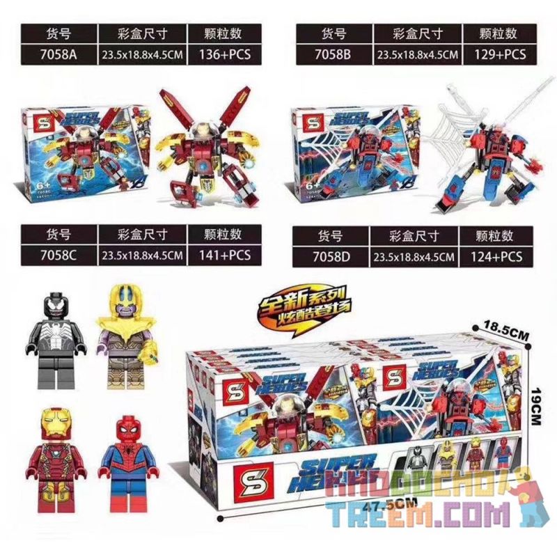 SHENG YUAN SY 7058A 7058B 7058C 7058D non Lego SUPERHERO MECHA 4 LOẠI VENOM THANOS IRON MAN SPIDERMAN bộ đồ chơi xếp lắp ráp ghép mô hình Super Heroes Siêu Nhân Anh Hùng 530 khối