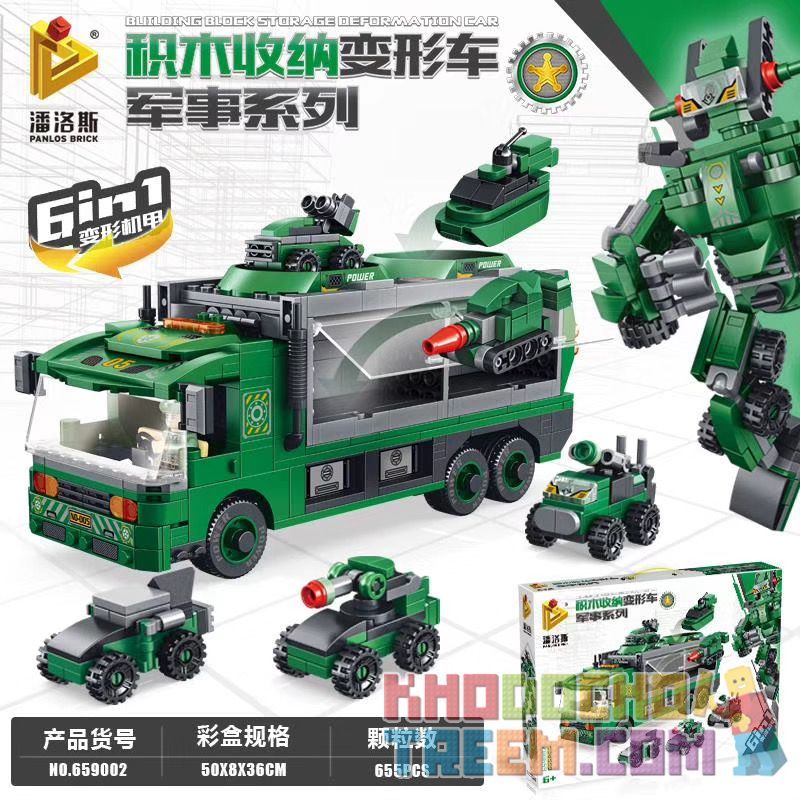 PanlosBrick 659002 Panlos Brick 659002 non Lego BỘ QUÂN SỰ 6IN1 BIẾN DẠNG MECH bộ đồ chơi xếp lắp ráp ghép mô hình Transformers BLINDING BLOCK STORAGE DEFORMATION CAR Robot Đại Chiến Người Máy Biến Hình 655 khối