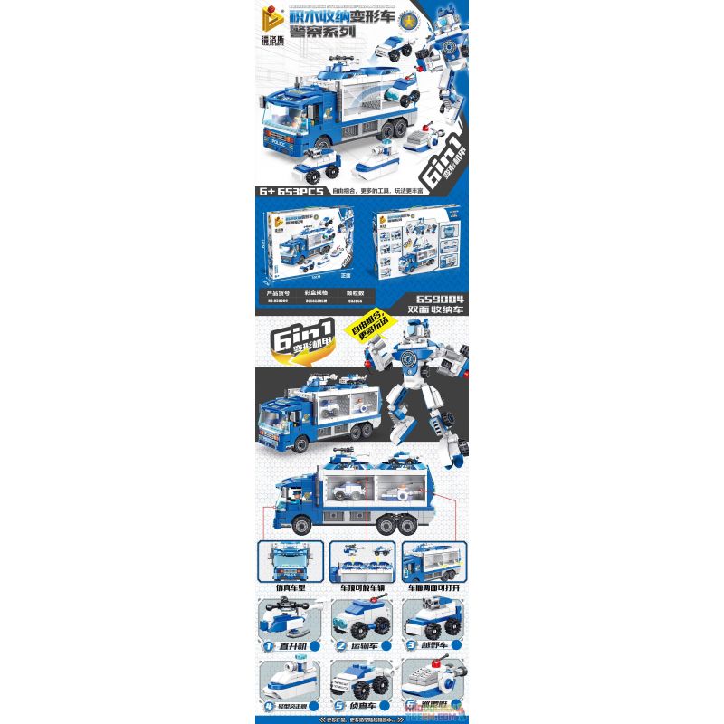 PanlosBrick 659004 Panlos Brick 659004 non  CẢNH SÁT LOẠT 6IN1 BIẾN DẠNG MECH bộ đồ chơi xếp lắp ráp ghép mô hình Transformers BLINDING BLOCK STORAGE DEFORMATION CAR Robot Đại Chiến Người Máy Biến Hình 653 khối