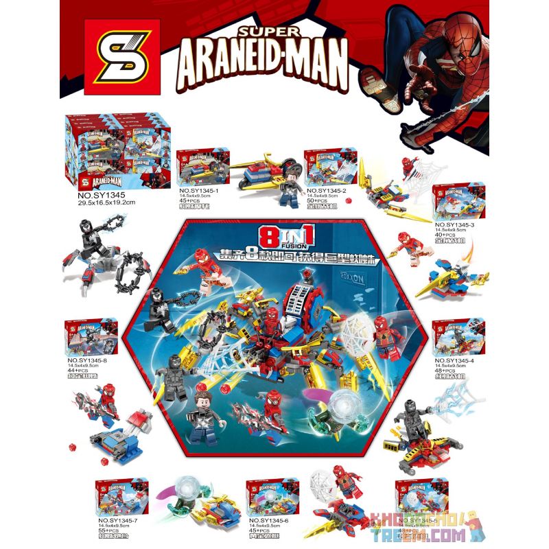 SHENG YUAN SY SY1345 1345 non Lego 8 NHÂN VẬT NHỎ SPIDER-MAN MOTOR MÁY BAY CHIẾN ĐẤU MẠ VÀNG SỪNG NGƯỜI NHỆN ĐỎ PHI THUYỀN ĐƠN STING THÁP PHÁO CHÂN bộ đồ chơi xếp lắp ráp ghép mô hình Super Heroes SUPER ARANEID-MAN Siêu Nhân Anh Hùng 375 khối