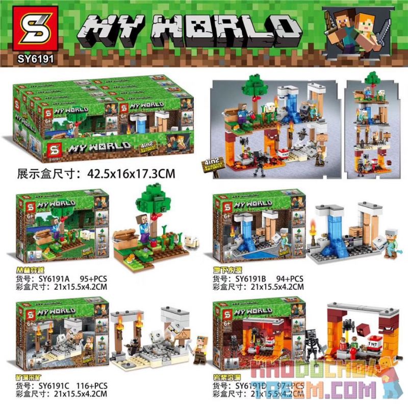 SHENG YUAN SY SY6191 6191 non Lego 4 KIỂU VƯỢT RỪNG TÌM NGUỒN NƯỚC NGẦM KHAI THÁC MỎ HANG MAGMA bộ đồ chơi xếp lắp ráp ghép mô hình Minecraft MY WORLD Game Xây Dựng 402 khối