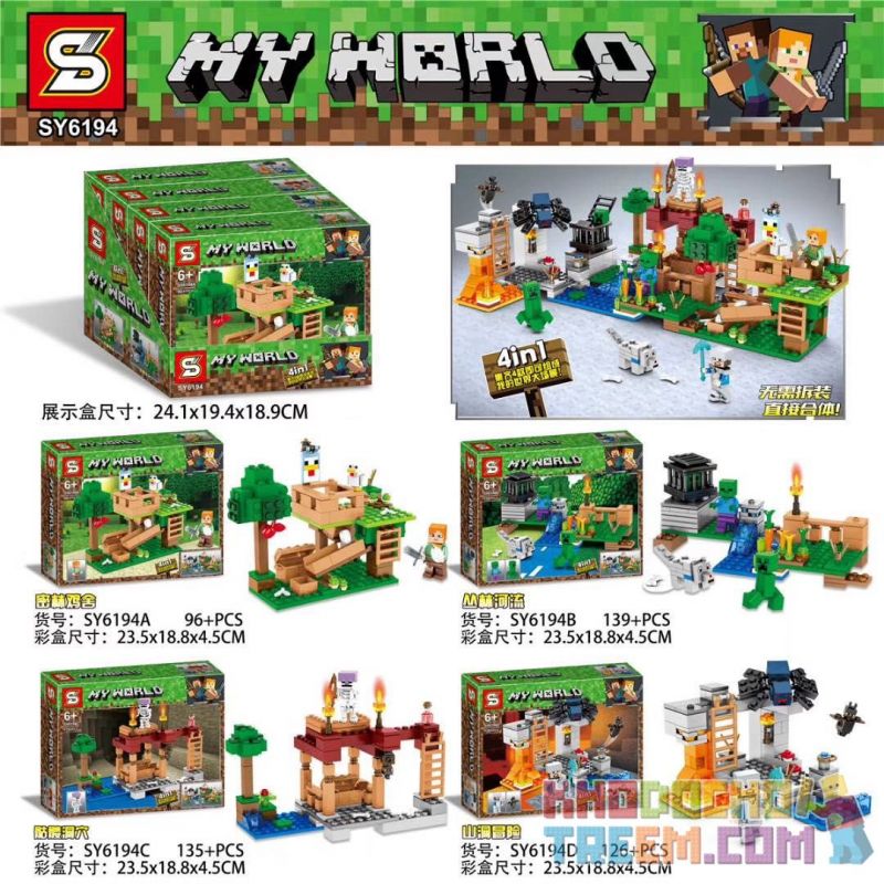 SHENG YUAN SY SY6194 6194 non Lego 4 KIỂU CHUỒNG GÀ RỪNG RẬM RẠP SÔNG HANG ĐẦU LÂU ĐỘNG MẠO HIỂM bộ đồ chơi xếp lắp ráp ghép mô hình Minecraft MY WORLD Game Xây Dựng 496 khối
