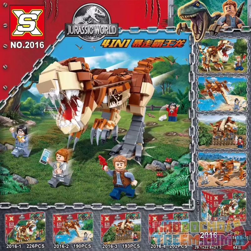 SX 2016 non Lego KHỦNG LONG BẠO CHÚA CHẠY TRỐN 4IN1 bộ đồ chơi xếp lắp ráp ghép mô hình Jurassic World Thế Giới Khủng Long 811 khối