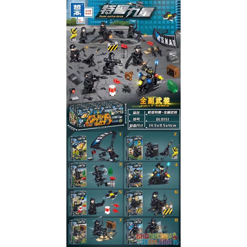ZHEGAO QL0151 0151 non Lego 8 LOẠI CẢNH SÁT ĐẶC BIỆT ĐƯỢC TRANG BỊ ĐẦY ĐỦ CƠ GIỚI bộ đồ chơi xếp lắp ráp ghép mô hình Super Police Force SUPER POLICE FORCE FULLY ARMED Siêu Cảnh Sát