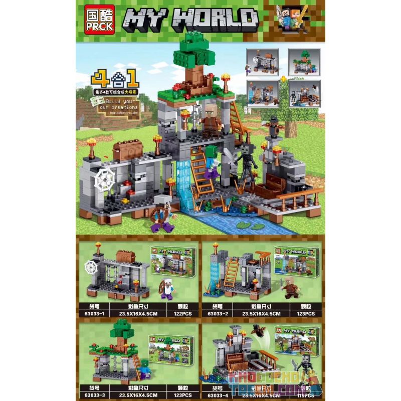 PRCK 63033 non Lego CƠ SỞ BÍ MẬT ĐÁ VÔI 4 KẾT HỢP bộ đồ chơi xếp lắp ráp ghép mô hình Minecraft MY WORLD Game Xây Dựng 487 khối