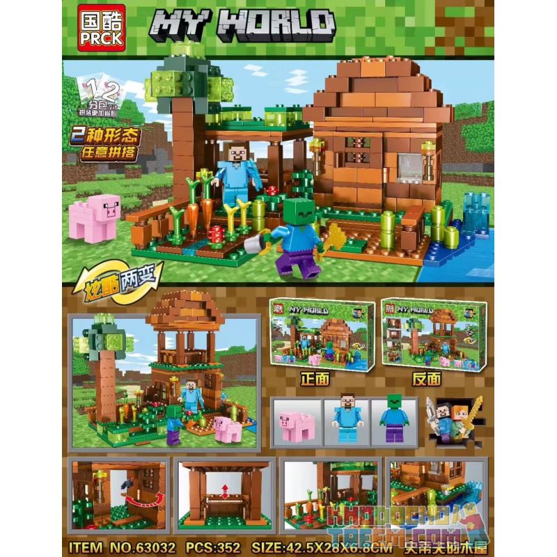 PRCK 63032 non Lego CABIN CỦA STEVE bộ đồ chơi xếp lắp ráp ghép mô hình Minecraft MY WORLD Game Xây Dựng 352 khối