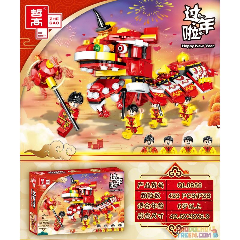 ZHEGAO QL0956 0956 non  MÚA SƯ TỬ bộ đồ chơi xếp lắp ráp ghép mô hình Seasonal HEPPY NEW YEAR Mùa Lễ Hội 423 khối