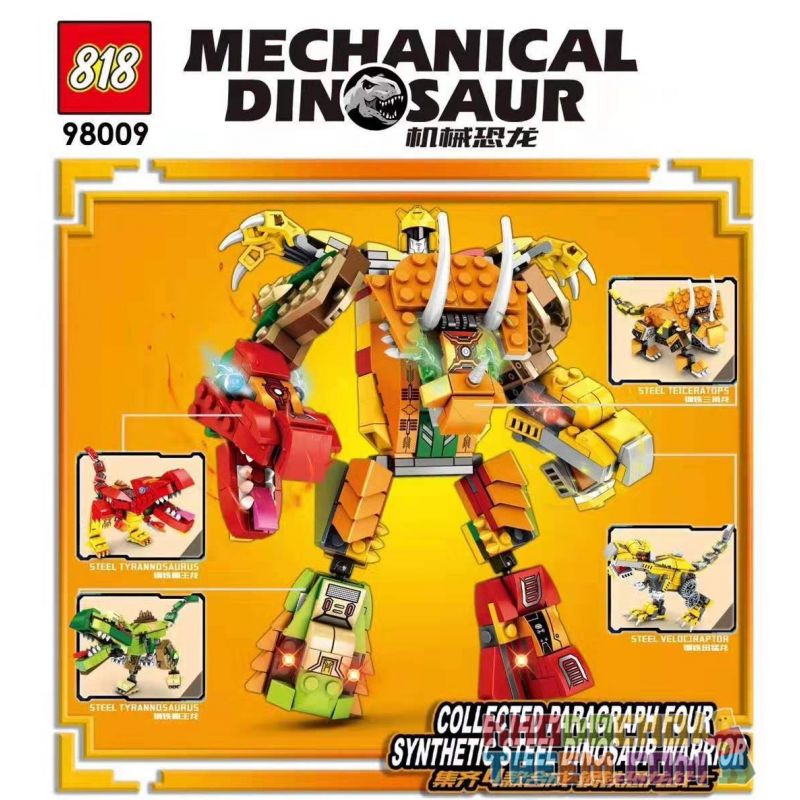 818 98009 non Lego 4 SỰ KẾT HỢP CỦA CHIẾN BINH KHỦNG LONG BẰNG THÉP TỔNG bộ đồ chơi xếp lắp ráp ghép mô hình Mechanical Dinosaur Người Máy Khủng Long 730 khối