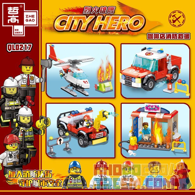 ZHEGAO QL0217 0217 non  CỨU HỎA QUÁN CÀ PHÊ 4 KIỂU bộ đồ chơi xếp lắp ráp ghép mô hình City Hero Anh Hùng Trong Thành Phố 479 khối