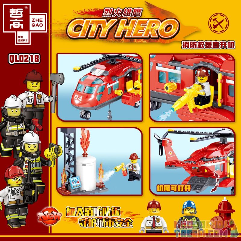 ZHEGAO QL0218 0218 non  TRỰC THĂNG CỨU HỘ HỎA bộ đồ chơi xếp lắp ráp ghép mô hình City Hero Anh Hùng Trong Thành Phố 252 khối