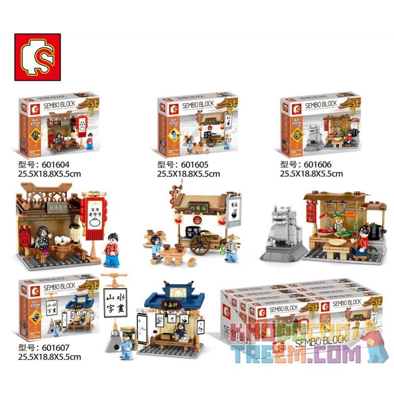 SEMBO 601605 601606 601607 601604 non Lego KHUNG CẢNH ĐƯỜNG PHỐ KIỂU TRUNG QUỐC 4 BÁNH HẤP QINGFENG MÌ XÀO BẮC KINH CỔ MÓN HẦM LÂU ĐỜI PHÒNG THƯ PHÁP VÀ HỘI HỌA bộ đồ chơi xếp lắp ráp ghép mô hình City Thành Phố 720 khối