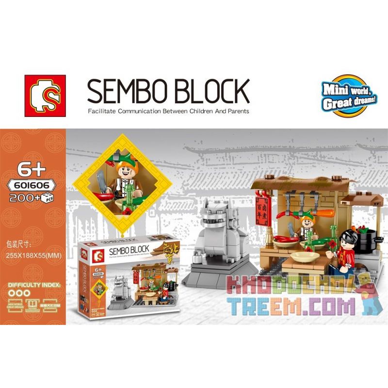 SEMBO 601605 601606 601607 601604 non  KHUNG CẢNH ĐƯỜNG PHỐ KIỂU TRUNG QUỐC 4 BÁNH HẤP QINGFENG MÌ XÀO BẮC KINH CỔ MÓN HẦM LÂU ĐỜI PHÒNG THƯ PHÁP VÀ HỘI HỌA bộ đồ chơi xếp lắp ráp ghép mô hình City Thành Phố 720 khối