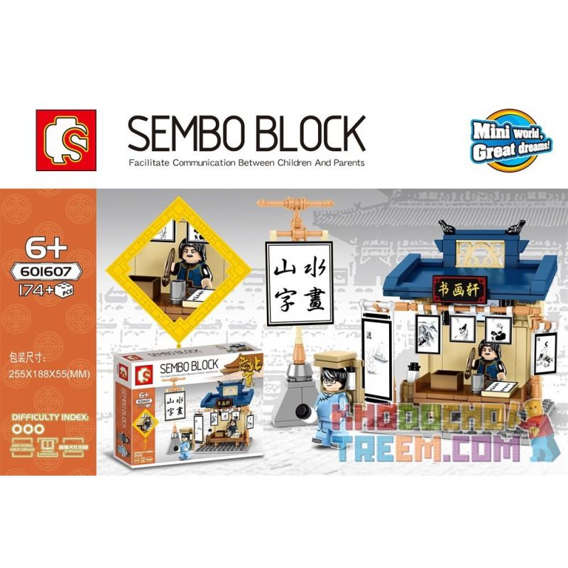 SEMBO 601605 601606 601607 601604 non  KHUNG CẢNH ĐƯỜNG PHỐ KIỂU TRUNG QUỐC 4 BÁNH HẤP QINGFENG MÌ XÀO BẮC KINH CỔ MÓN HẦM LÂU ĐỜI PHÒNG THƯ PHÁP VÀ HỘI HỌA bộ đồ chơi xếp lắp ráp ghép mô hình City Thành Phố 720 khối