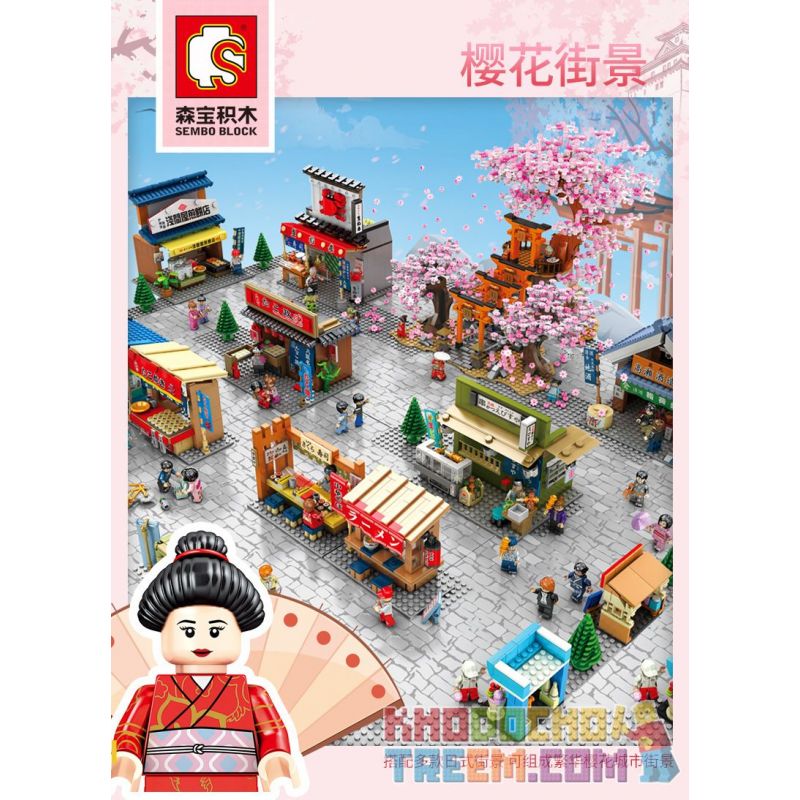 SEMBO 601076 non  MỨC ĐỘ TRUNG BÌNH CHERRY VIEW bộ đồ chơi xếp lắp ráp ghép mô hình Cherry Blossom Season Mùa Hoa Anh Đào 1167 khối