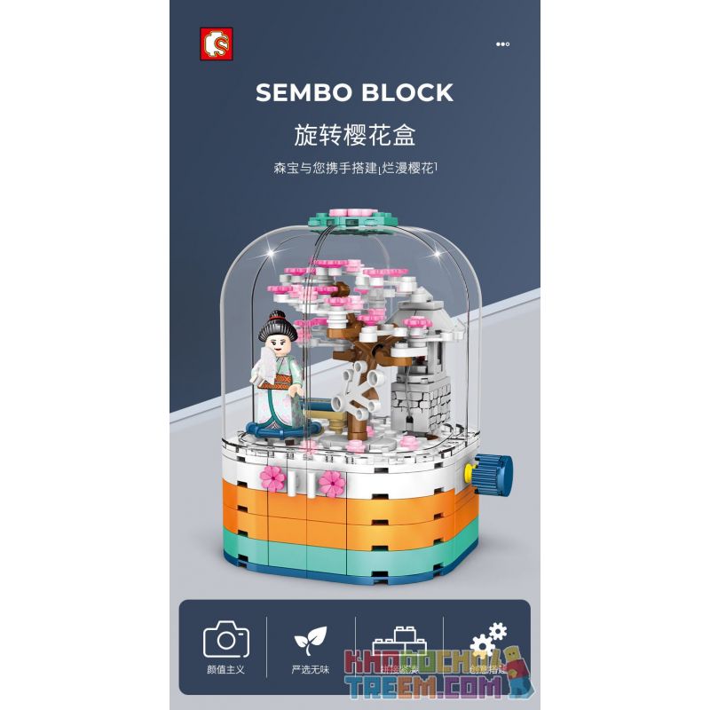 SEMBO 601077 non  HỘP XOAY ĐÈN TRONG SUỐT bộ đồ chơi xếp lắp ráp ghép mô hình Cherry Blossom Season Mùa Hoa Anh Đào 259 khối