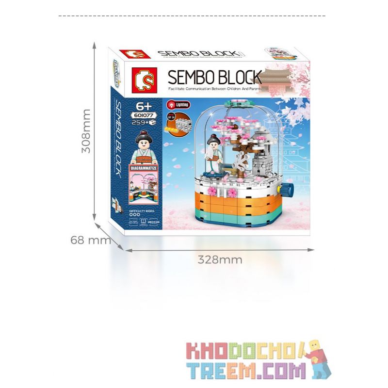 SEMBO 601077 non  HỘP XOAY ĐÈN TRONG SUỐT bộ đồ chơi xếp lắp ráp ghép mô hình Cherry Blossom Season Mùa Hoa Anh Đào 259 khối