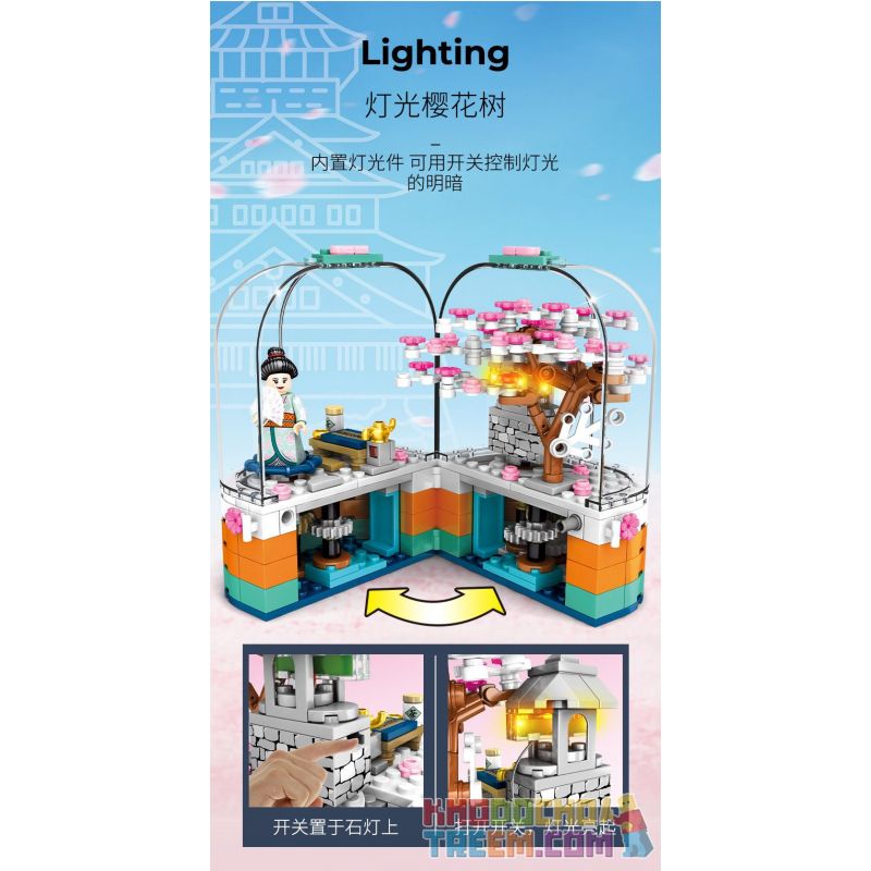 SEMBO 601077 non  HỘP XOAY ĐÈN TRONG SUỐT bộ đồ chơi xếp lắp ráp ghép mô hình Cherry Blossom Season Mùa Hoa Anh Đào 259 khối
