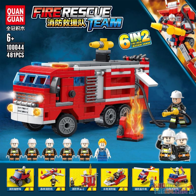 QuanGuan 100044 Quan Guan 100044 non Lego XE CỨU HỎA NGÔI SAO ĐỎ THẪM 6 KIỂU KẾT HỢP bộ đồ chơi xếp lắp ráp ghép mô hình Fire Rescure FIRERESCUE TEAM 481 khối