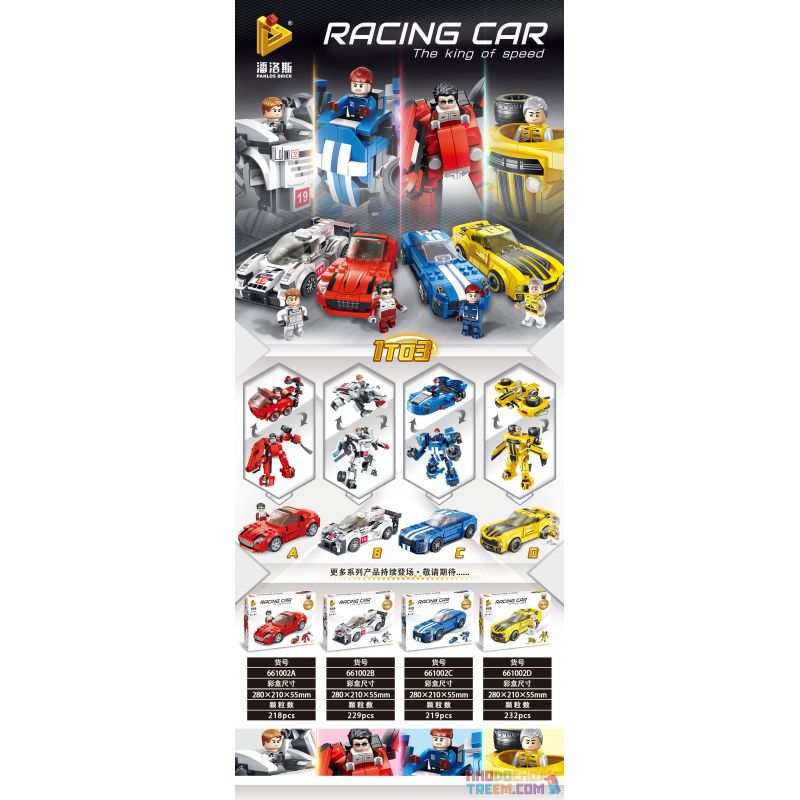 PanlosBrick - Panlos Brick 661002A 661002B 661002C 661002D Xếp hình kiểu Lego SPEED CHAMPIONS Racing Car Transforming Racing Robot 4 Models 4 Robot đua Xe Biến Dạng gồm 4 hộp nhỏ 898 khối