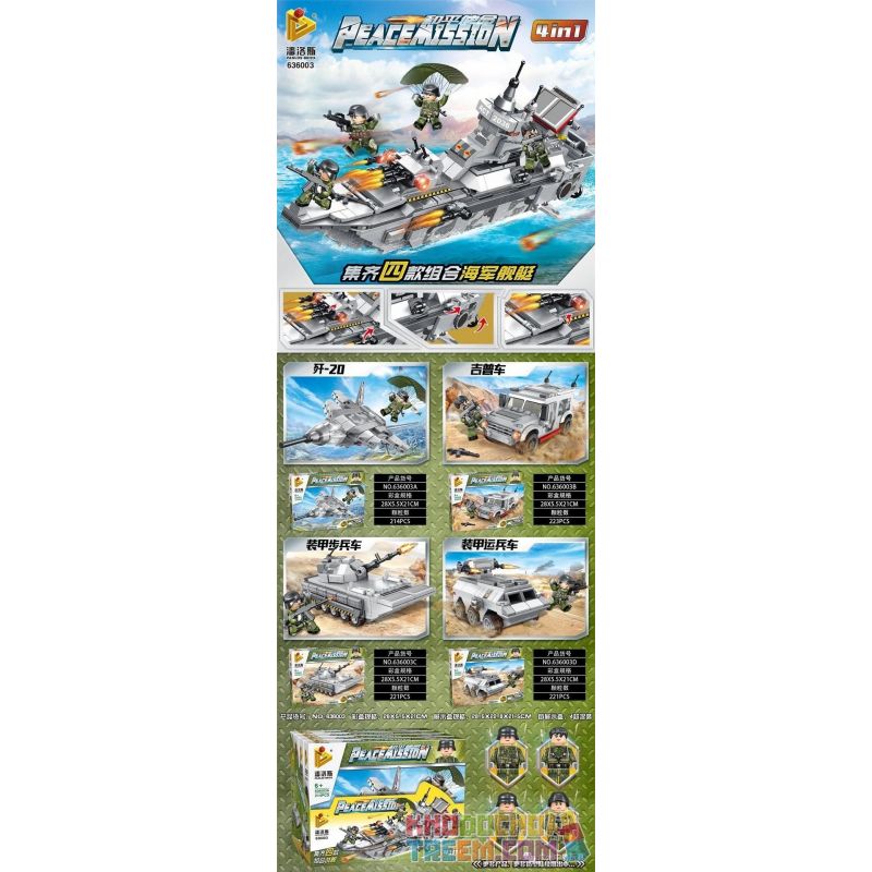 PanlosBrick 636003A 636003B 636003C 636003D Panlos Brick 636003A 636003B 636003C 636003D non  TÀU HẢI QUÂN 4 TỔ HỢP MÁY BAY CHIẾN ĐẤU J-20 XE JEEP BỘ BINH BỌC THÉP CHỞ bộ đồ chơi xếp lắp ráp ghép mô hình Peacemission Nhiệm Vụ Gìn Giữ Hòa Bình 879 khối