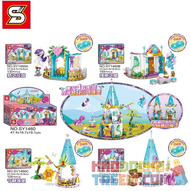 SHENG YUAN SY SY1460A 1460A SY1460B 1460B SY1460C 1460C SY1460D 1460D Xếp hình kiểu Lego My Little Pony Fantasy Pony Castle 4 Combinations Garden Of Dreams, House Of Magnificence, Castle Of Tranquility, Castle Of Flowers Dream Pony Castle 4 Tổ Hợp Garden Of Dreams, House Of Magnificence, Tranquil Castle, Castle Of Flowers gồm 4 hộp nhỏ 496 khối