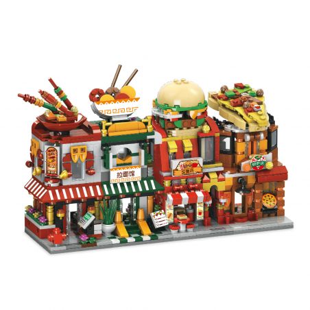 YURI 22111 22112 22113 22114 non  CỬA HÀNG ĂN UỐNG MINI STREET VIEW 4 LOẠI XIÊN QUE NHÀ RAMEN BURGER PIZZA bộ đồ chơi xếp lắp ráp ghép mô hình Mini Modular GOURMET SHOP Đường Phố Thu Nhỏ 1658 khối