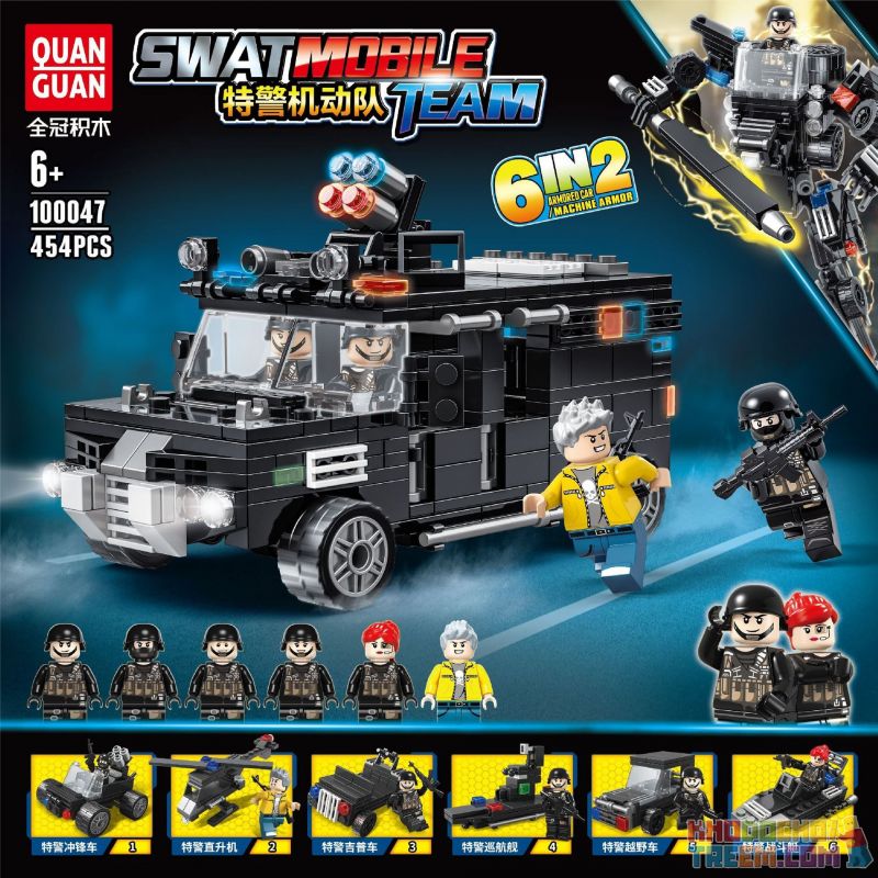 QuanGuan 100047 Quan Guan 100047 non Lego ĐỘI CƠ ĐỘNG SWAT 6 TỔ HỢP XE TẤN CÔNG TRỰC THĂNG JEEP TÀU TUẦN TRA ĐỊA HÌNH THUYỀN CHIẾN ĐẤU bộ đồ chơi xếp lắp ráp ghép mô hình Swat Special Force SWAT MOBILE TEAM Đặc Nhiệm 454 khối