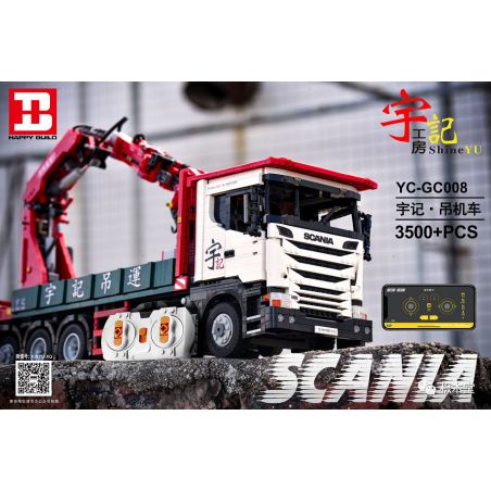 HAPPY BUILD YC-GC008 GC008 YCGC008 non  SCANIA SẾU tỷ lệ 1:8 bộ đồ chơi xếp lắp ráp ghép mô hình Build Team X-TECH SCANIA CRANE LORRY Đội Xây Dựng 3925 khối