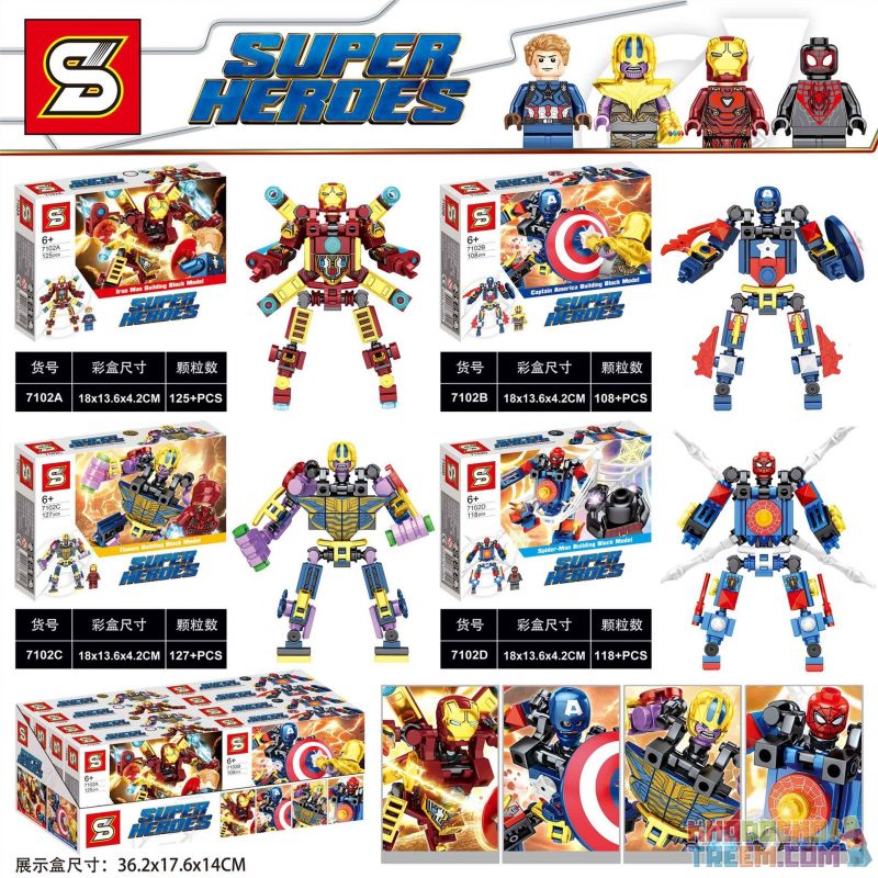 SHENG YUAN SY 7102A 7102B 7102C 7102D non Lego 4 BÚP BÊ XÂY DỰNG SIÊU ANH HÙNG IRON MAN CAPTAIN AMERICA THANOS SPIDERMAN bộ đồ chơi xếp lắp ráp ghép mô hình Super Heroes SUPERHEROES Siêu Nhân Anh Hùng 478 khối