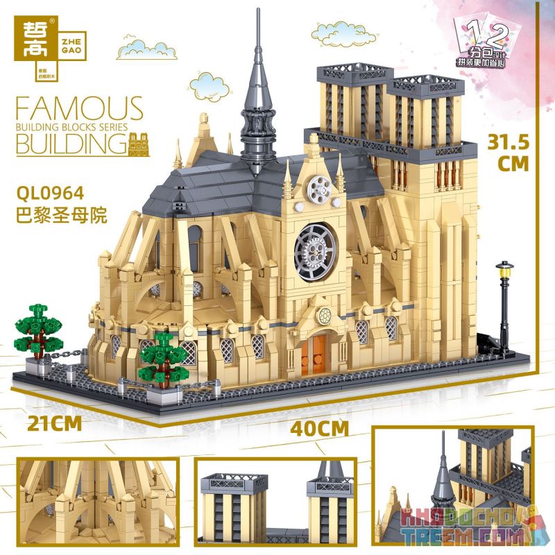 ZHEGAO QL0964 0964 non  NHÀ THỜ ĐỨC BÀ bộ đồ chơi xếp lắp ráp ghép mô hình Creator CATHÉDRALE NOTRE DAME DE PARIS Sáng Tạo 2541 khối