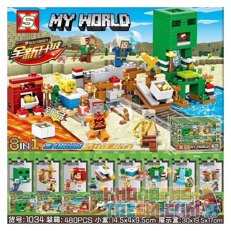 SX 1034 non Lego CREEPER MINE TREASURE HUNT 8 LOẠI bộ đồ chơi xếp lắp ráp ghép mô hình Minecraft MY WORLD Game Xây Dựng 343 khối