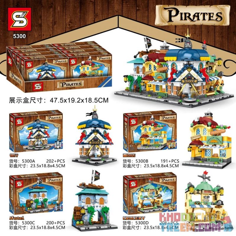 SHENG YUAN SY 5300A 5300B 5300C 5300D non Lego PIRATE STREET VIEW 4 LOẠI NGÂN HÀNG TIỆM BÁNH KHÁCH SẠN CỬA TẠP HÓA bộ đồ chơi xếp lắp ráp ghép mô hình Pirates Of The Caribbean Cướp Biển Vùng Caribe 799 khối