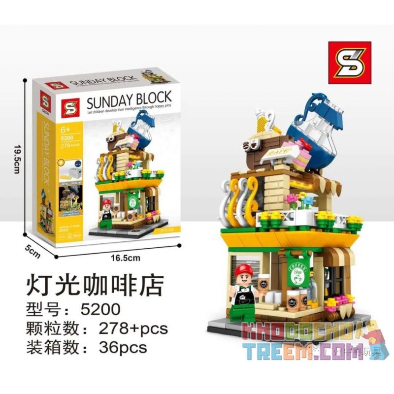 SHENG YUAN SY 5200 non Lego QUÁN CÀ PHÊ NHẸ bộ đồ chơi xếp lắp ráp ghép mô hình Mini Modular SUNDAY BLOCK Đường Phố Thu Nhỏ 278 khối