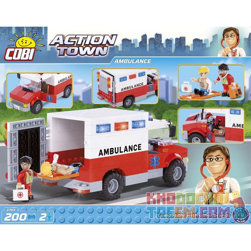 COBI 1763 non  XE CỨU THƯƠNG bộ đồ chơi xếp lắp ráp ghép mô hình City AMBULANCE Thành Phố 200 khối