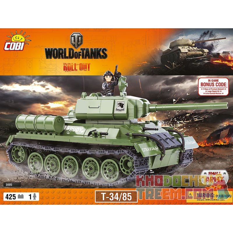 COBI 3005 non Lego THẾ GIỚI XE TĂNG T-34/85 bộ đồ chơi xếp lắp ráp ghép mô hình Military Army Quân Sự Bộ Đội 425 khối