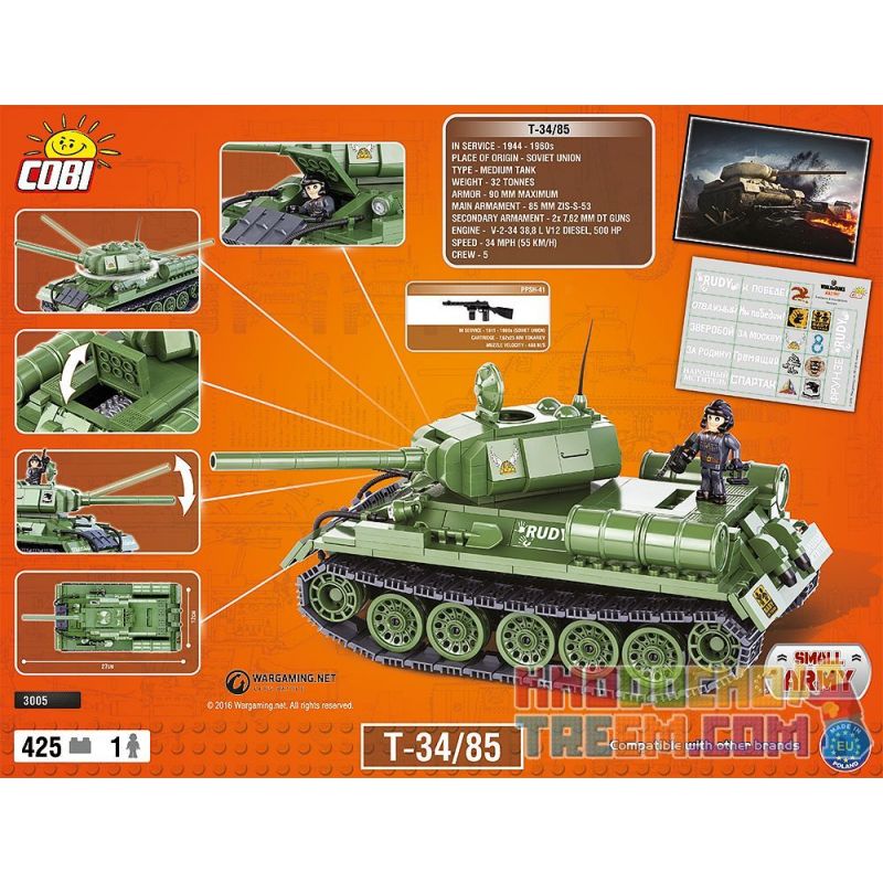COBI 3005 non  THẾ GIỚI XE TĂNG T-34/85 bộ đồ chơi xếp lắp ráp ghép mô hình Military Army Quân Sự Bộ Đội 425 khối