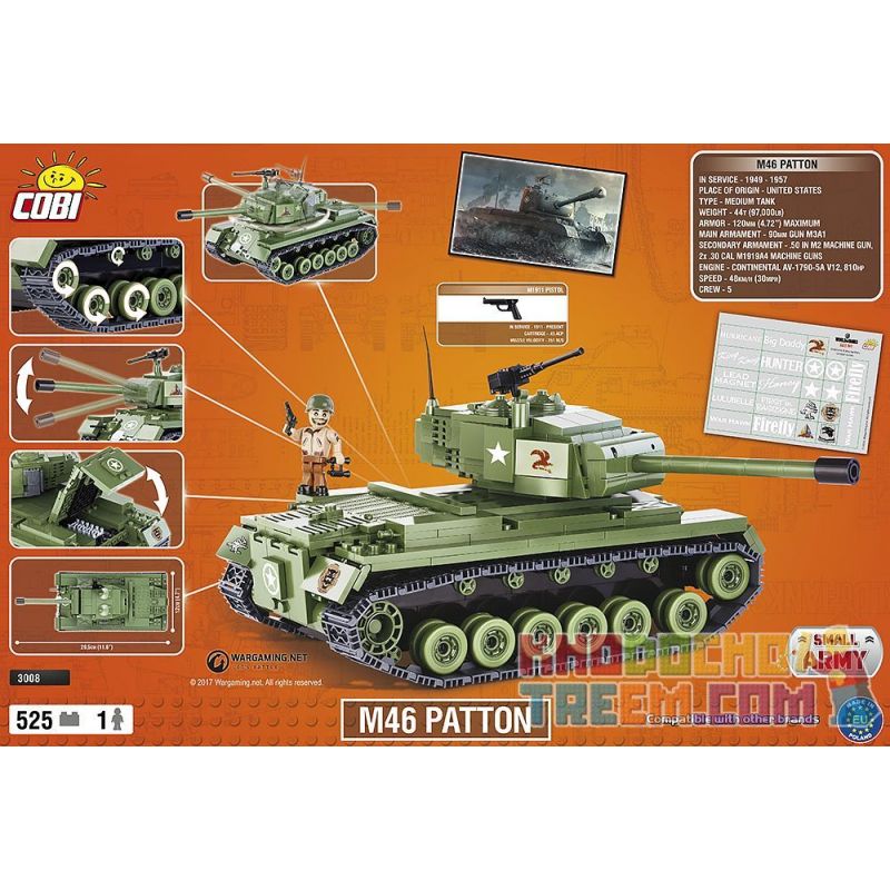 COBI 3008 non  NÚT M46 bộ đồ chơi xếp lắp ráp ghép mô hình Military Army M46 PATTON Quân Sự Bộ Đội 525 khối