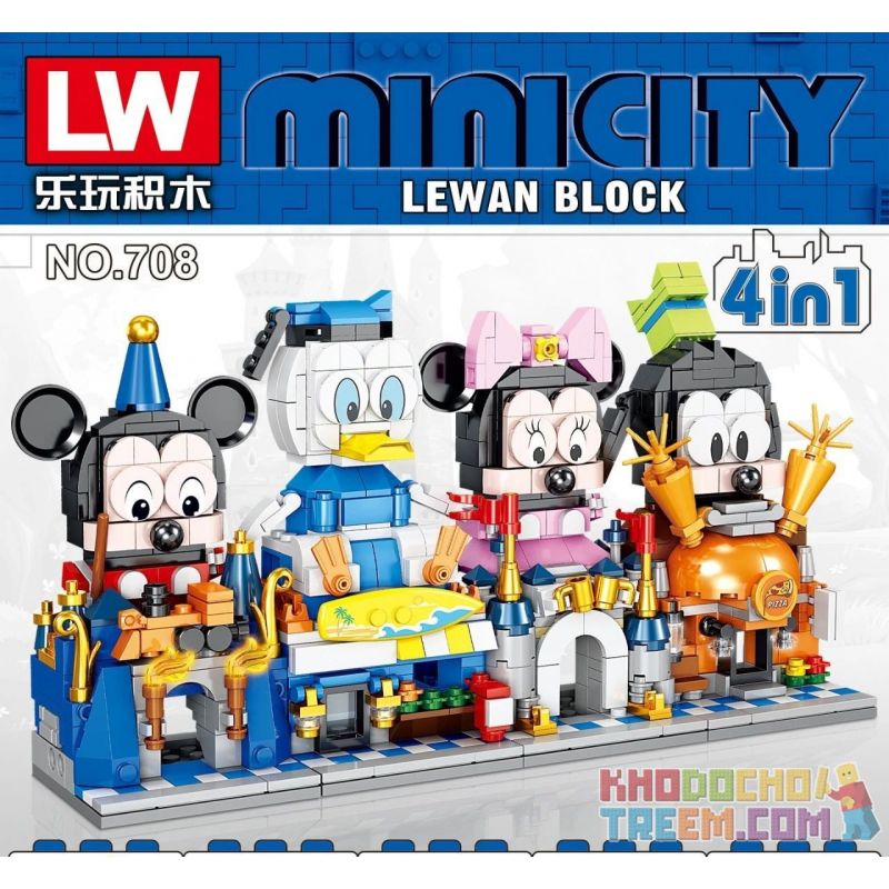 LW 708 non  CẢNH ĐƯỜNG PHỐ DISNEY 4 LÂU ĐÀI TƯỞNG TƯỢNG MICKEY THÀNH GIẢI TRÍ MINNIE CỬA HÀNG ĐỒ UỐNG LẠNH VỊT DONALD BÁNH PIZZA NGỐC NGHẾCH bộ đồ chơi xếp lắp ráp ghép mô hình City MINI CITY Thành Phố 2993 khối