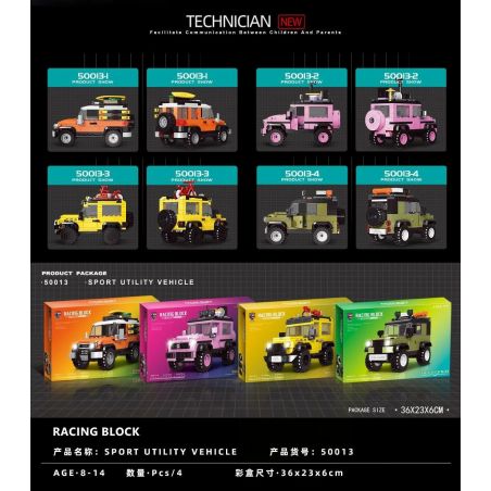 SHENZHEN RAEL ENTERTAINMENT 50013-1 50013-2 50013-3 50013-4 non  XE ĐỊA HÌNH 4 MẪU TOYOTA CRUISER FJ MERCEDES-BENZ G63 JEEP WRANGLER LAND ROVER DEFENDER bộ đồ chơi xếp lắp ráp ghép mô hình Speed Champions Racing Cars RACING BLOCK Đua Xe Công Thức 938 khối