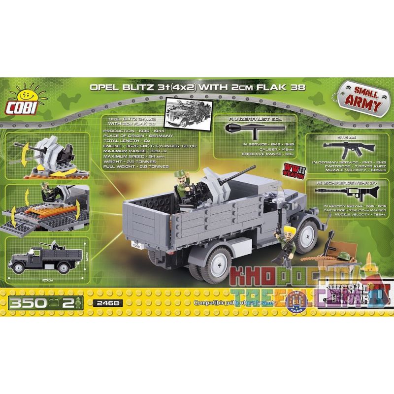 COBI 2468 non  XE TẢI HẠNG TRUNG OPEL LIGHTNING VÀ SÚNG PHÒNG KHÔNG KIỂU 38 bộ đồ chơi xếp lắp ráp ghép mô hình Military Army OPEL BLITZ 3T (4X2) WITH CM FLAK 38 Quân Sự Bộ Đội 350 khối
