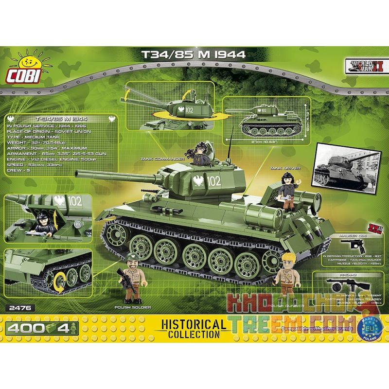 COBI 2476 non  XE TĂNG T-34 85 KIỂU 1944 bộ đồ chơi xếp lắp ráp ghép mô hình Military Army T-34/85 M 1944 Quân Sự Bộ Đội 400 khối