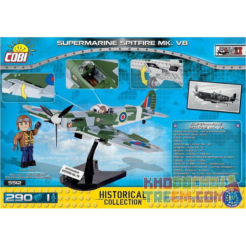 COBI 5512 non  SPITFIRE MK VB bộ đồ chơi xếp lắp ráp ghép mô hình Military Army SUPERMARINE SPITFIRE MK VB Quân Sự Bộ Đội 290 khối