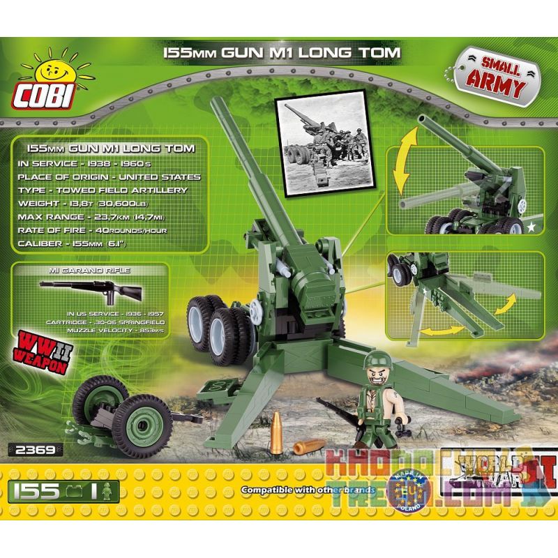 COBI 2369 non  PHÁO M59 bộ đồ chơi xếp lắp ráp ghép mô hình Military Army 155 MM GUN M1 LONG TOM Quân Sự Bộ Đội 155 khối