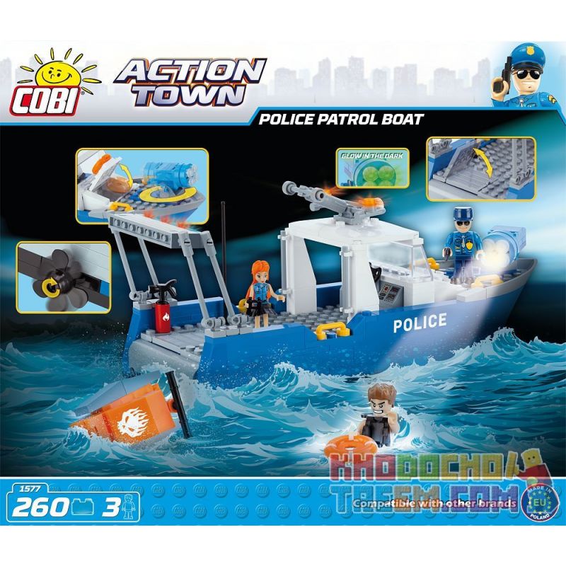 COBI 1577 non  TÀU TUẦN TRA CẢNH SÁT bộ đồ chơi xếp lắp ráp ghép mô hình City POLICE PATROL BOAT Thành Phố 260 khối